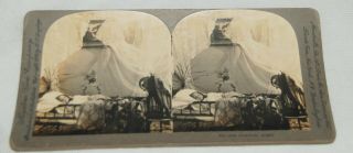 Antique Stereoview Card Her Guardian Angel Victorian Ghost Child Bed Photograph