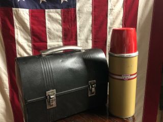 Antique Vintage Black Lunch Box With Tan Bottle/ The American Thermos Bottle Co