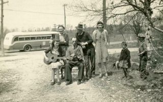 Zz583 Vtg Photo Guitar And Violin Fiddle Gathering,  Bus At Curb C 1940 