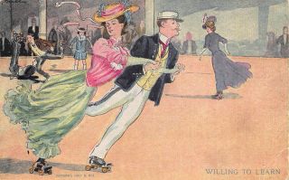 Roller Skating 7 " Willing To Learn " Postcard