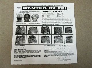 Vintage Fbi Wanted Poster,  Jan.  1999,  James Whitey Bulger,  Boston Mob Boss
