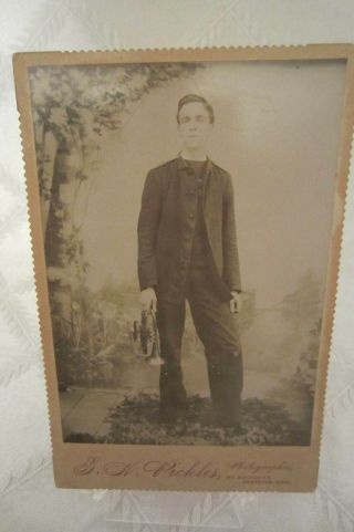 Vintage Cabinet Card Photograph Of Tall Musician With Trumpet Or Cornet