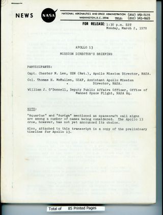 Vintage 1970 Nasa Apollo 13 " Mission Director " Official Press Release
