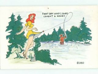 Pre - 1980 Risque Comic Fishing Fisherman Snags Dress Of Sexy Girl Ab6971