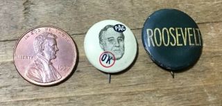 2 Vintage Political Pin Pinbacks: Fdr Pac Ok Franklin Roosevelt & Roosevelt