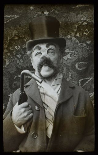 Antique Magic Lantern Slide Sinister Man In Clown Mask And Top Hat C1900 Photo
