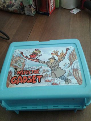 Vintage 1983 Turquoise Inspector Gadget Plastic Lunch Box W/ Thermos Pre - Owned