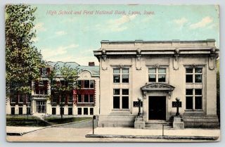 Lyons (clinton) Iowa Beaux Arts 1st National Bank Sits Before High School 1913
