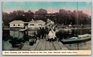 Spirit Lake Iowa The Inn @ Okoboji Boat Landing Tourists Crowd Dock Bazaar 1912