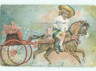 Foreign 1908 Postcard Girl Rides On Pony Horse Ac3851