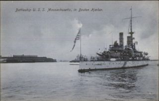 Boston Ma Harbor Battleship Uss Massachusetts & American Flag C1905 Postcard