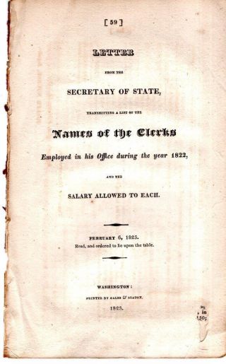 Letter From Secr.  Of State - List Of Names Of Clerks Employed In His Office 1822
