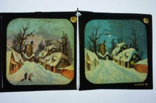 Vintage Magic Lantern Slides 8cms Sq X 2 - Village In Snow By Day And By Night