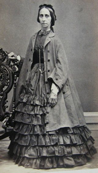 Antique Cw Era Cdv Photo Of Woman In Lovely Ruffled Hoop Dress & Coat Greene Ny