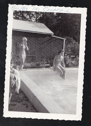 Antique Vintage Photograph Two Sexy Women In Bathing Suits Hanging By The Pool
