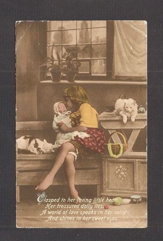 Tinted Real - Photo Postcard: Little Girl With Her Doll And 3 Cats - Mailed