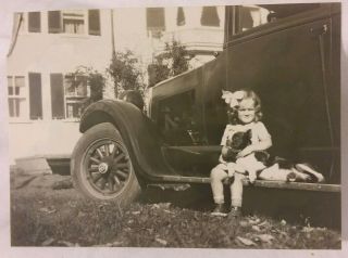 Vintage Old 1929 Photo Of Pretty Little Girl & Boston Terrier Dog On Car Bumper
