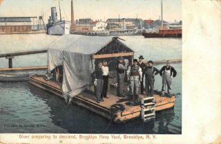 Diver Preparing To Descend,  Brooklyn Navy Yard,  Ny 1908 Vintage Postcard