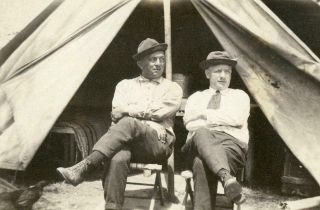 Vt435 Vtg Photo Two Men Sitting At Tent,  Camping C 1920 
