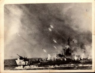 Orig Ww2 Photo Uss Lsm - 197 Blasting Okinawa 1945 Rockets Barrage Iwo Jima