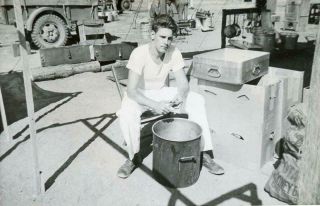 G941 Vtg Photo Wwii Era Young Man Kitchen Duty,  Military Camp C Mid Century