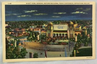 1936 Texas Centennial Postcard Dallas World Fair / Night View General Motors