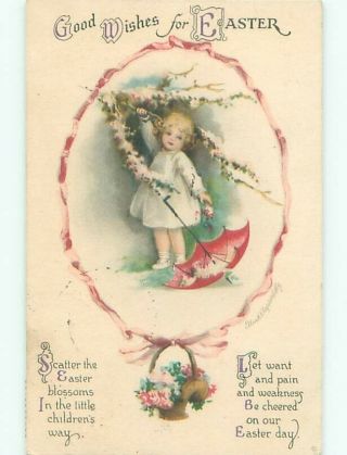 Pre - Linen Easter Signed Clapsaddle - Cute Girl With Her Umbrella Ab4180