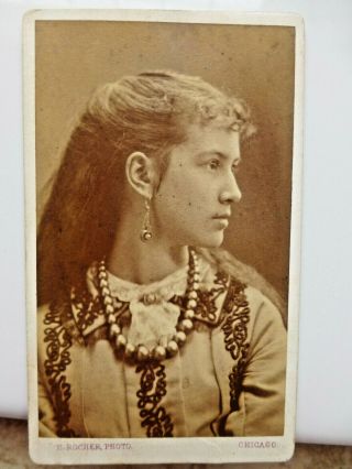 Antique Cdv Cabinet Photo Very Pretty Girl Long Hair Jewelry Portrait Chicago Il