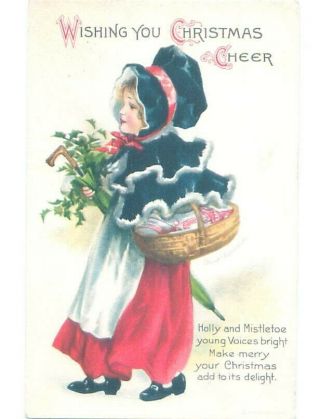 Pre - Linen Christmas Signed Clapsaddle - Cute Girl With Folded Umbrella Ab5883