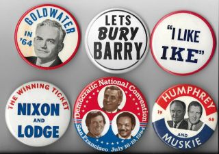 Political Campaign Buttons - 6 In All,  Goldwater,  Nixon,  Johnson,  Etc