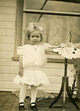 Vt109 Vtg Photo Rppc Little Girl Cut Work Dress,  Lace Curtains C Early 1900 