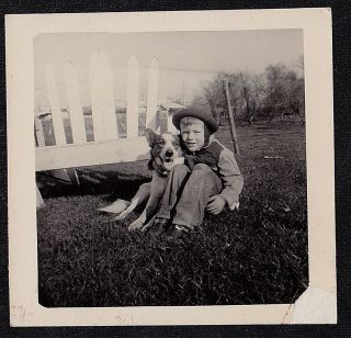 Vintage Antique Photograph Little Boy Sitting With Cute Puppy Dog On Lawn