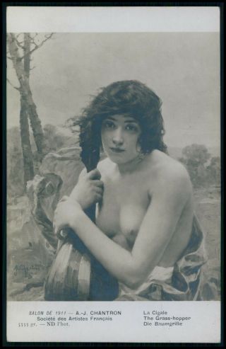 Art Chantron Nude Woman & Mandolin Music 1910s Salon De Paris Postcard