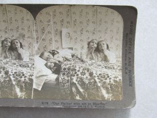 Sv307 Stereoview Photo Card Kids Praying In Bed With Old Doll Our Father