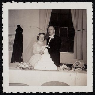Antique Vintage Photograph Wedding Bride & Groom Cutting The Cake