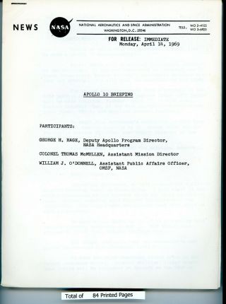 Vintage 1969 Official Nasa Apollo 10 Pre - Flight Briefing Press Release