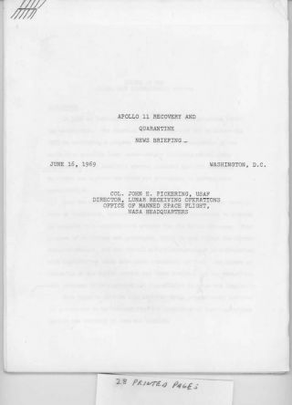 1969 Official Nasa Apollo 11 " Recovery And Quarantine " Press Release