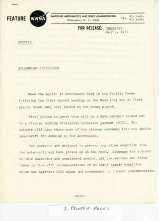 Rare Vintage 1969 Nasa Apollo 11 " Splashdown Procedures " Press Release