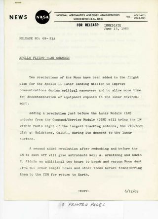 1969 Official Nasa Apollo 11 Flight Plan Changes Press Release 69 - 83a