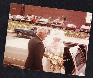 Vintage Photograph Wedding Bride & Groom Standing Outside By Limo