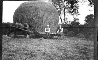 Old Negative.  Men,  Tea On Horse & Cart In Front Of An Old Fashioned Haystack.  C1910