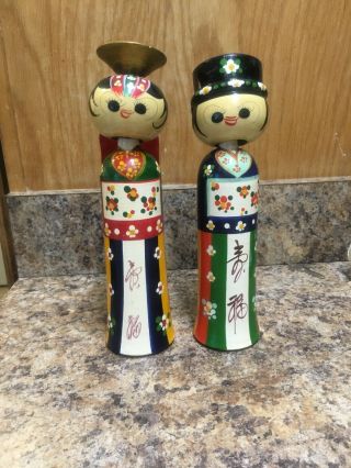 2 Vintage Japanese Hand Painted Wooden Bobble Head Kokeshi Dolls 9 " Bride/groom