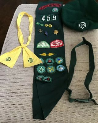 Vintage Girl Scout Sash With Badges,  Green Belt,  Yellow Tie And Hat
