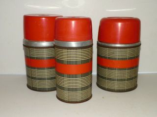 3 Vintage Aladdin Thermos Wide Mouth Vacuum Bottles Red/black Plaid
