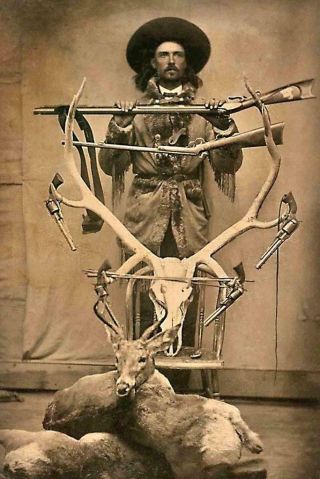 Antique Hunting Photo.  Man Posing W/ Skull & Guns Vintage Photo Print 4x6