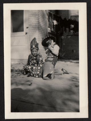 Halloween Costume Boys As Cowboy & Indian W Candy Bag 1949 Vintage Photo
