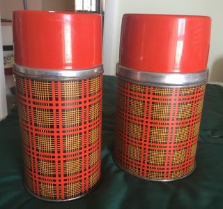 Vtg 2 Aladdin Thermos 1 Pint & 10 Oz.  Brown,  Red,  Gold Plaid,  Glass Lined