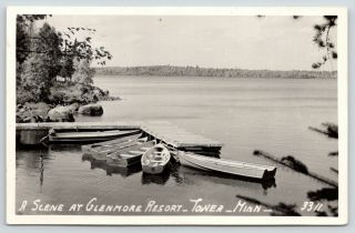Tower Minnesota Glenmore Resort Dock Rowboats Early Motor Fishing Boat 1940 Rppc