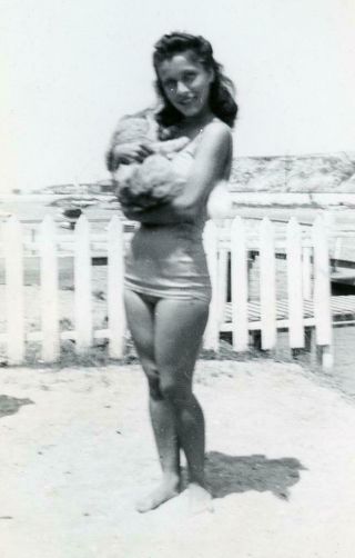 Ab297 Vtg Photo Young Woman Swim Suit Beauty Holding Puppy Dog C Early 1900 