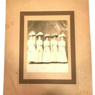 Antique Victorian Matted Photograph Group Of Women With Hats